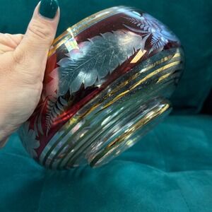 Etched Glass Bowl Ruby Red Gold Band Floral Design Candy‎ Dish Decor